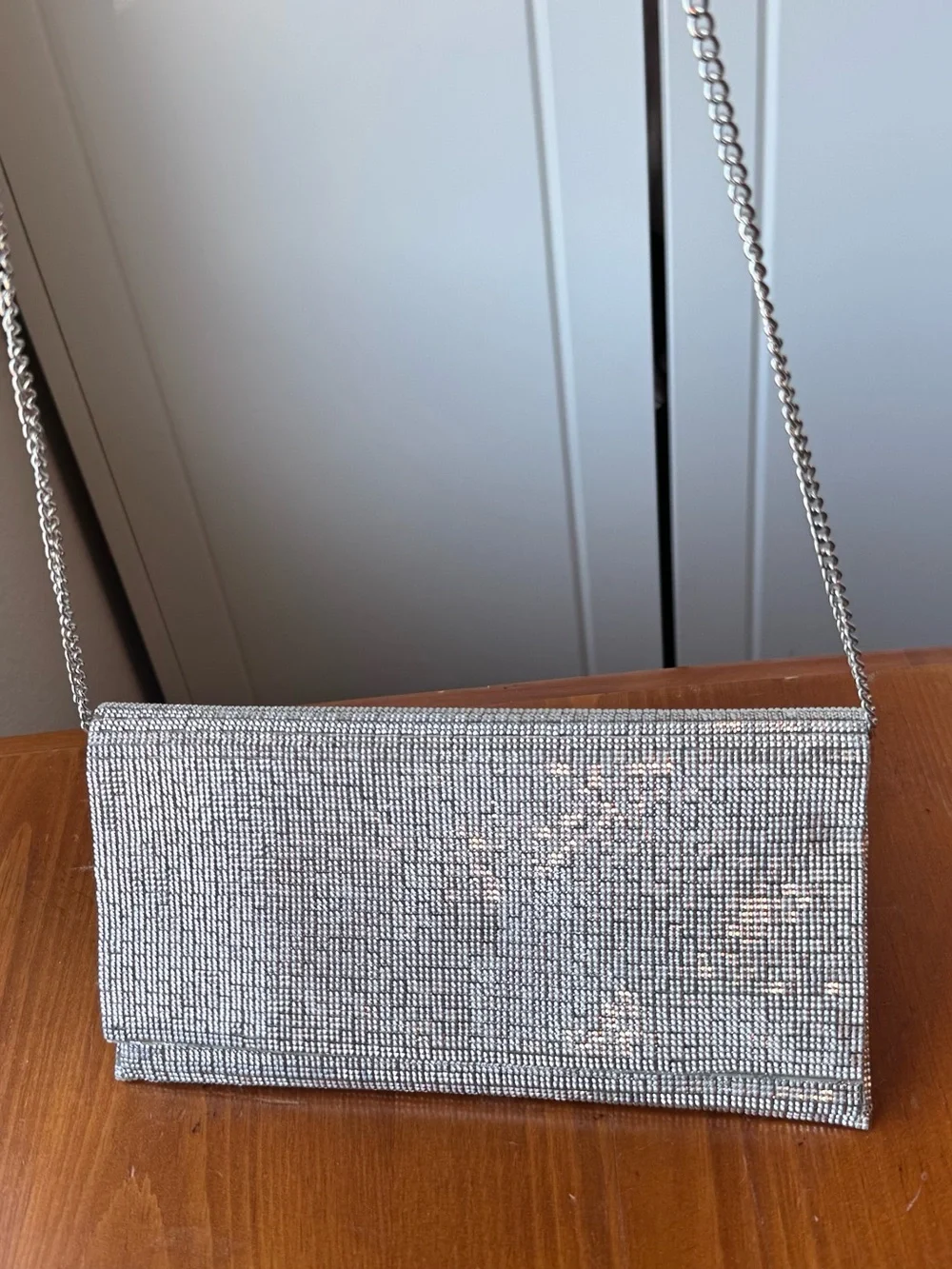 Nordstrom Silver Crystal Mesh Evening Clutch with Chain